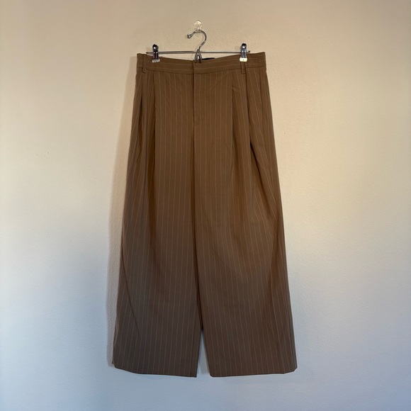 Zara Pants - Zara Pleated Wide Leg Pinstripe Beige Trouser Pants